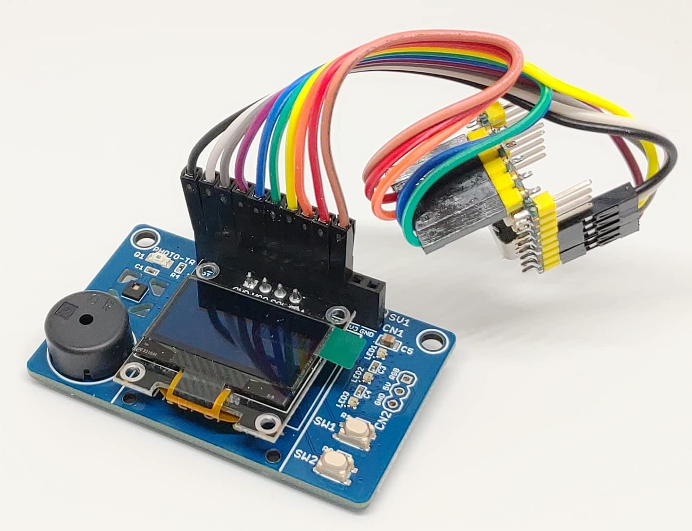 SENSOR-PLUS (ESP32, RasPi用 OLEDディスプレイ, 加速度, 温度, 湿度, 明るさ センサー カラーLED) 拡張ボード