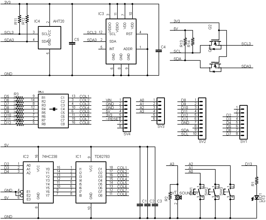 DML-STACK5V (8x8 ドットマトリックスLED、加速度、温度・湿度センサー、圧電スピーカー、タクトスイッチ搭載)シールドキット
