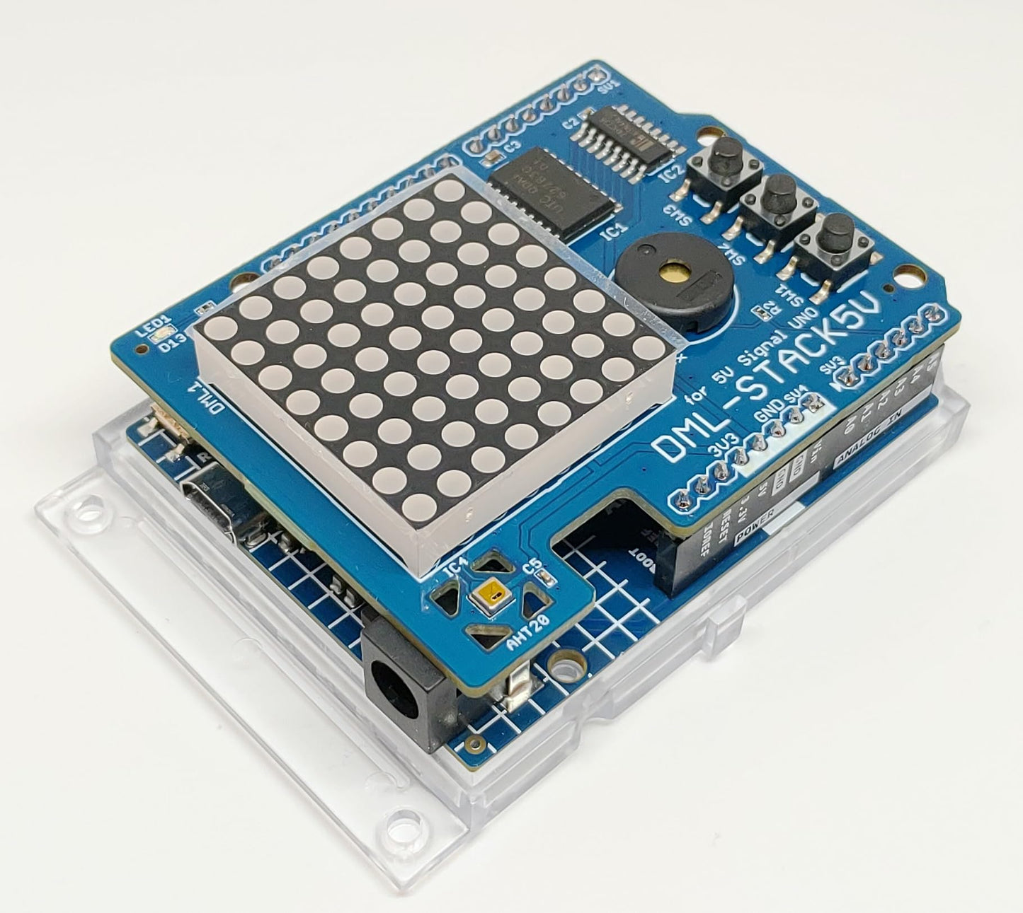 DML-STACK5V (8x8 ドットマトリックスLED、加速度、温度・湿度センサー、圧電スピーカー、タクトスイッチ搭載)シールドキット