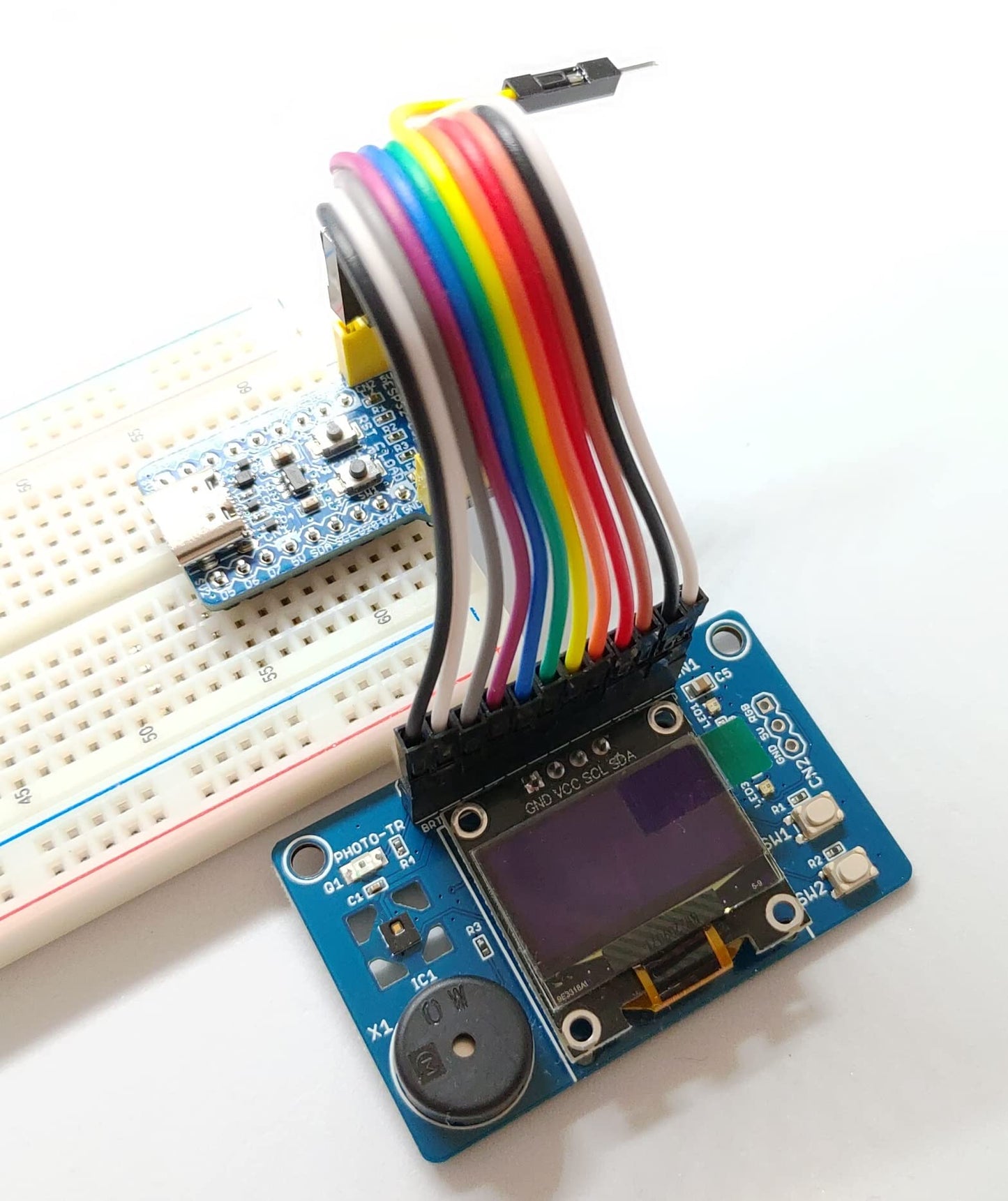 SENSOR-PLUS (ESP32, RasPi用 OLEDディスプレイ, 加速度, 温度, 湿度, 明るさ センサー カラーLED) 拡張ボード