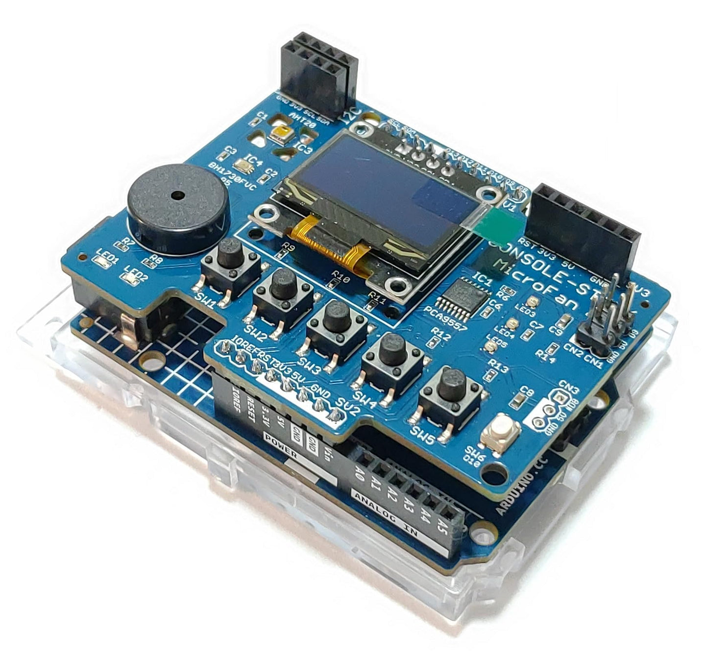 CONSOLE-STACK (OLEDディスプレイ、加速度、温度・湿度、照度センサー、カラーLEDx3、LEDx2、圧電スピーカー、タクトスイッチX6搭載)シールドキット