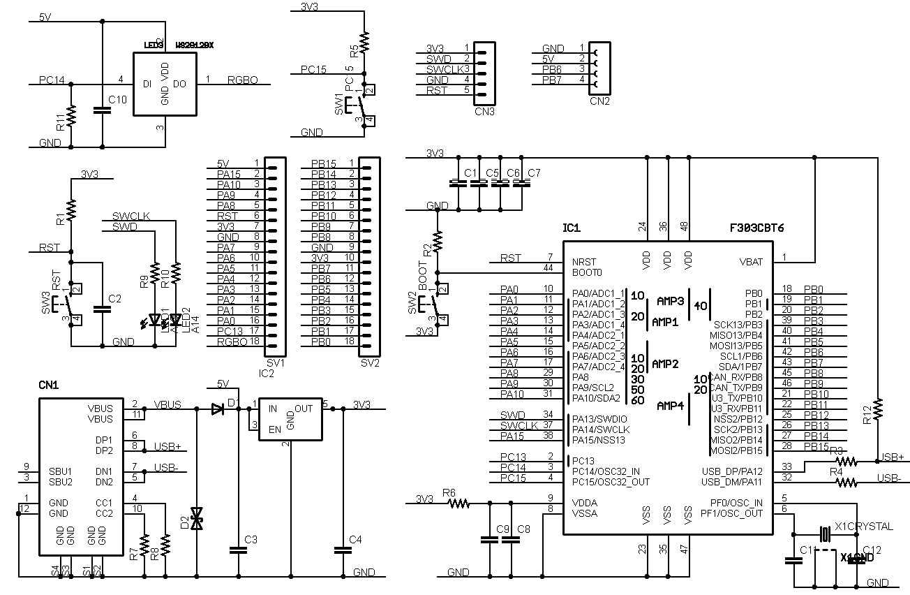 STM32F303-MINI (STM32F303CBT6, ARM Cortex-M4, 72MHz, 128KFlash, 32KRAM) 開発ボード Type-C USBコネクタ
