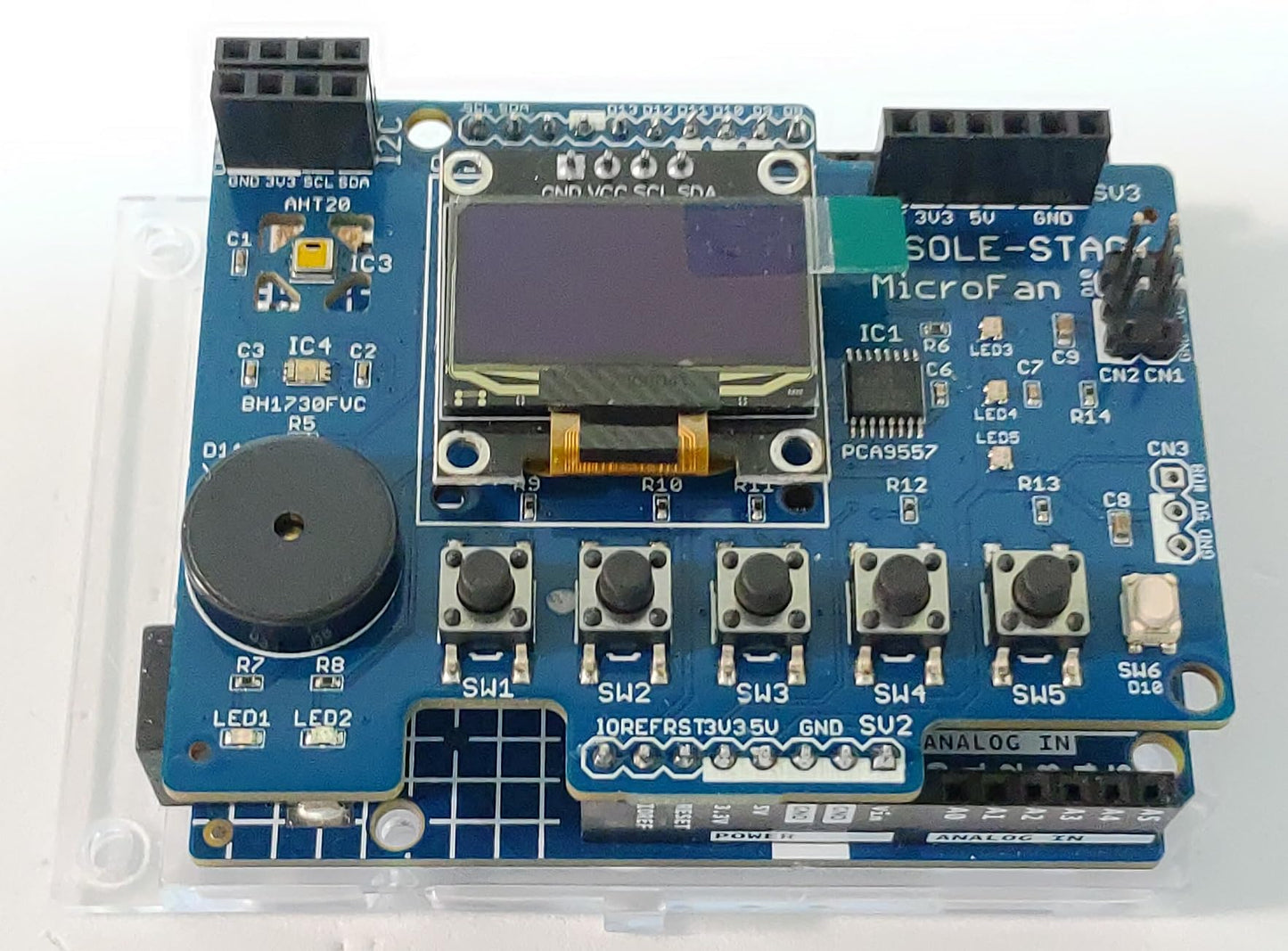 CONSOLE-STACK (OLEDディスプレイ、加速度、温度・湿度、照度センサー、カラーLEDx3、LEDx2、圧電スピーカー、タクトスイッチX6搭載)シールドキット
