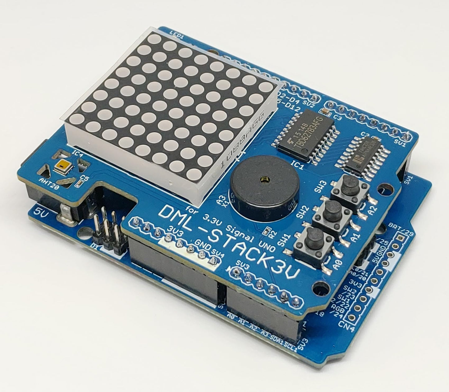 DML-STACK3V (8x8 ドットマトリックスLED、加速度、温度・湿度センサー、圧電スピーカー、タクトスイッチ搭載)シールドキット