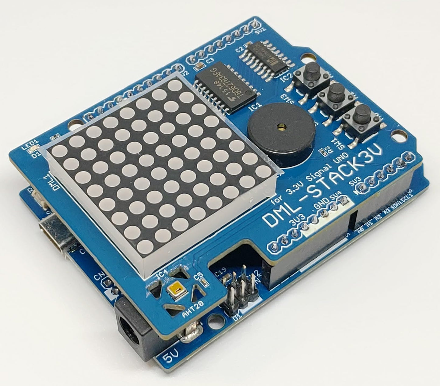 DML-STACK3V (8x8 ドットマトリックスLED、加速度、温度・湿度センサー、圧電スピーカー、タクトスイッチ搭載)シールドキット