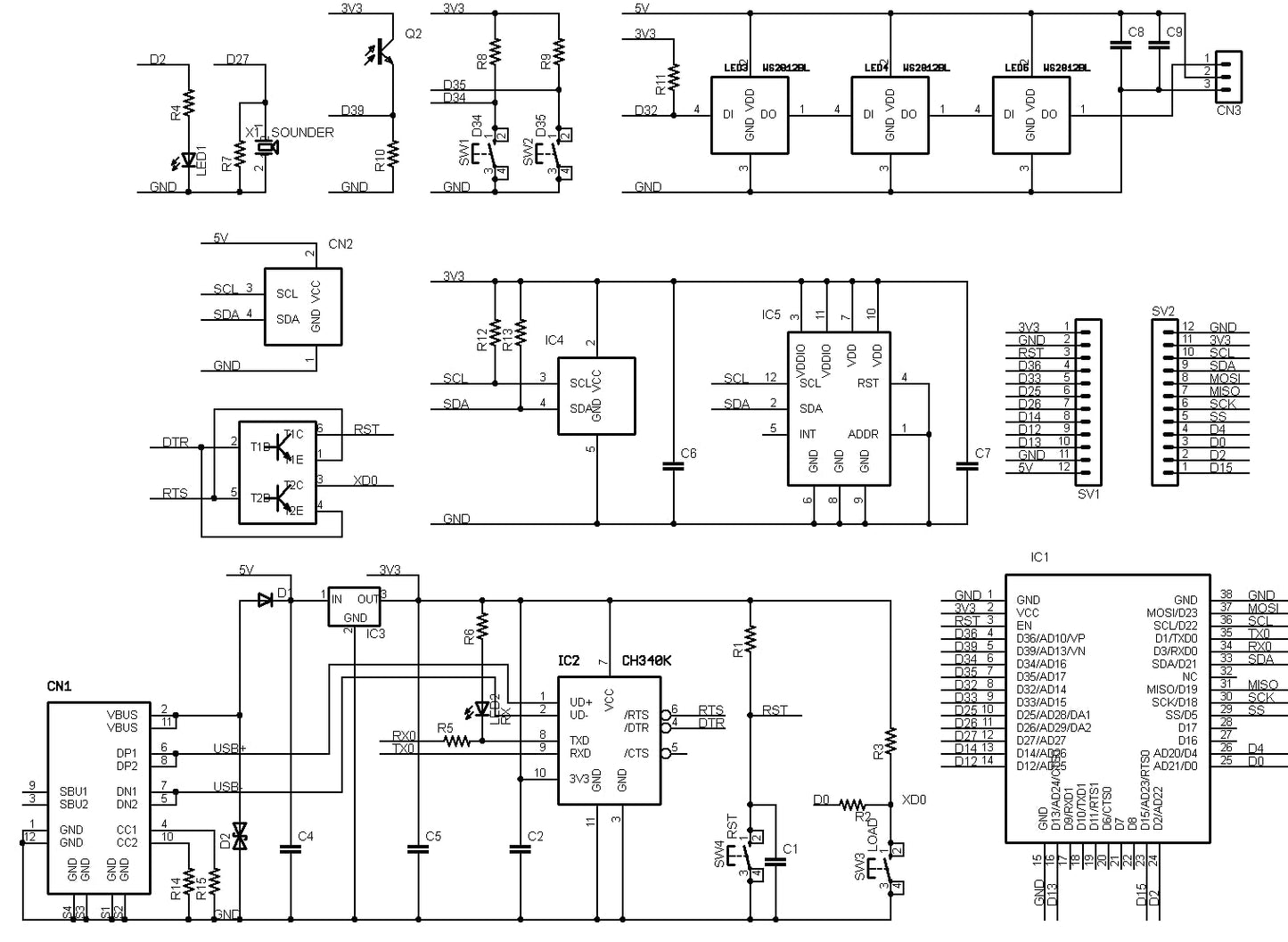 ESP32-SLIM-PLUS (ESP32-WROOM-32E, 8M Flash, 2M PSRAM) 入出力・センサー付き開発ボード USB Type-C インターフェース付き 技適取得済