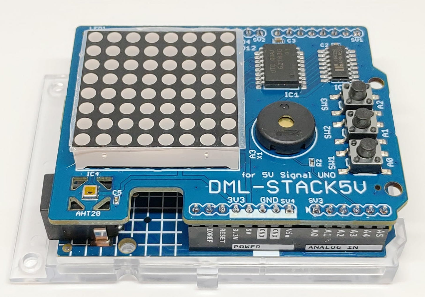 DML-STACK5V (8x8 ドットマトリックスLED、加速度、温度・湿度センサー、圧電スピーカー、タクトスイッチ搭載)シールドキット