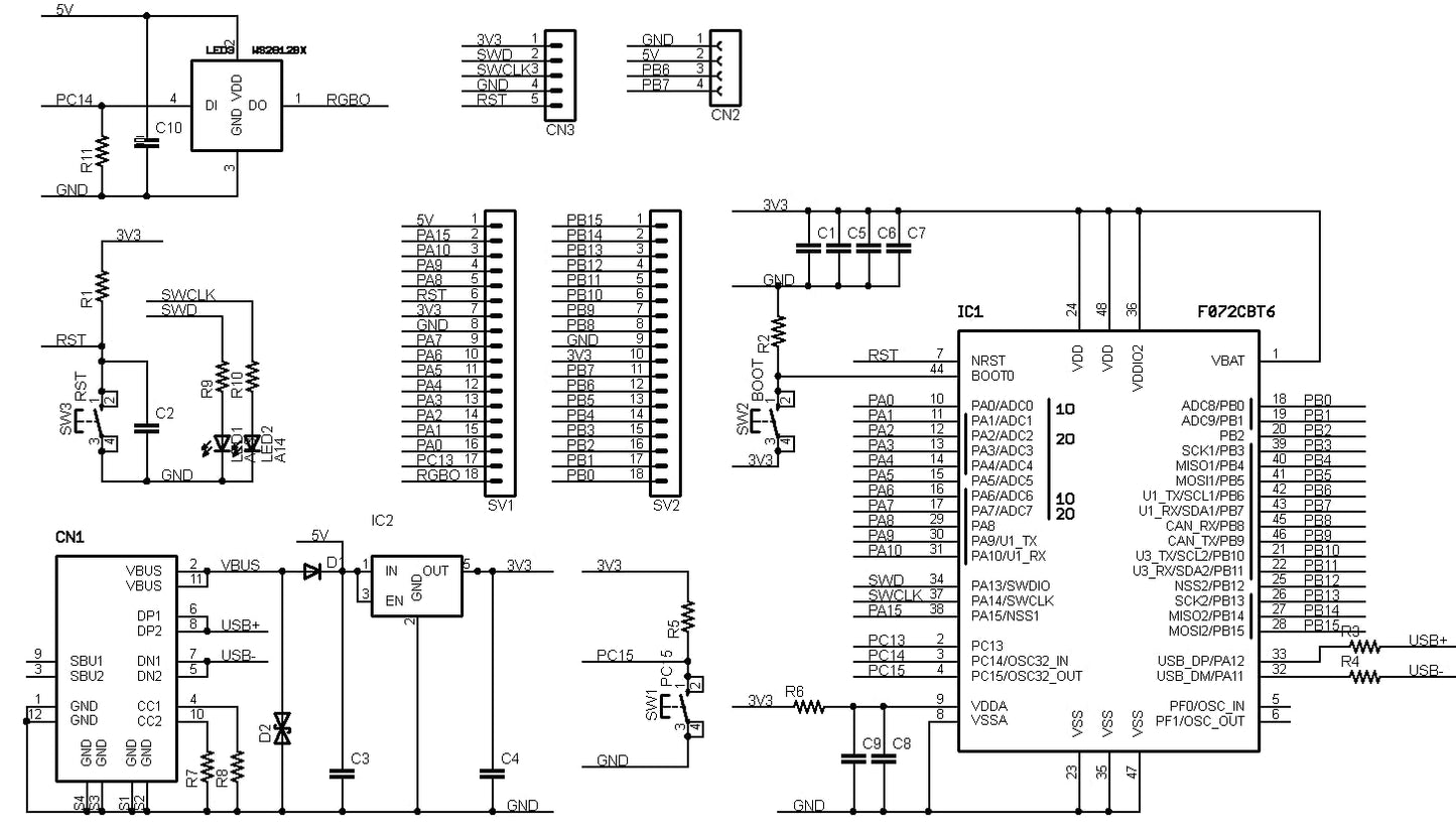 STM32F072-MINI (STM32F072CBT6, ARM Cortex-M0, 48MHz, 128KFlash, 16KRAM) 開発ボード Type-C USBコネクタ