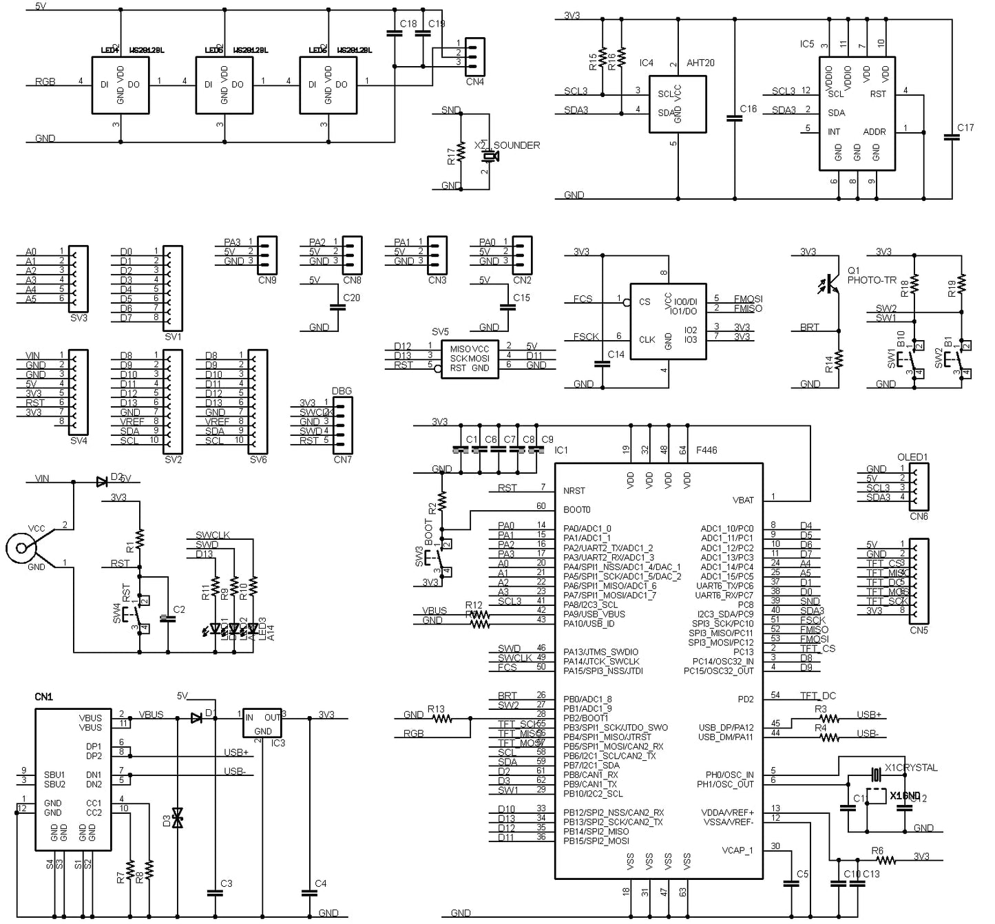 STM32F446-UNO-PLUS (STM32F446RE, ARM Cortex-M4, 180MHz, 512KFlash, 128KRAM)+ 8MB Flash+基本入出力+センサー 開発ボード