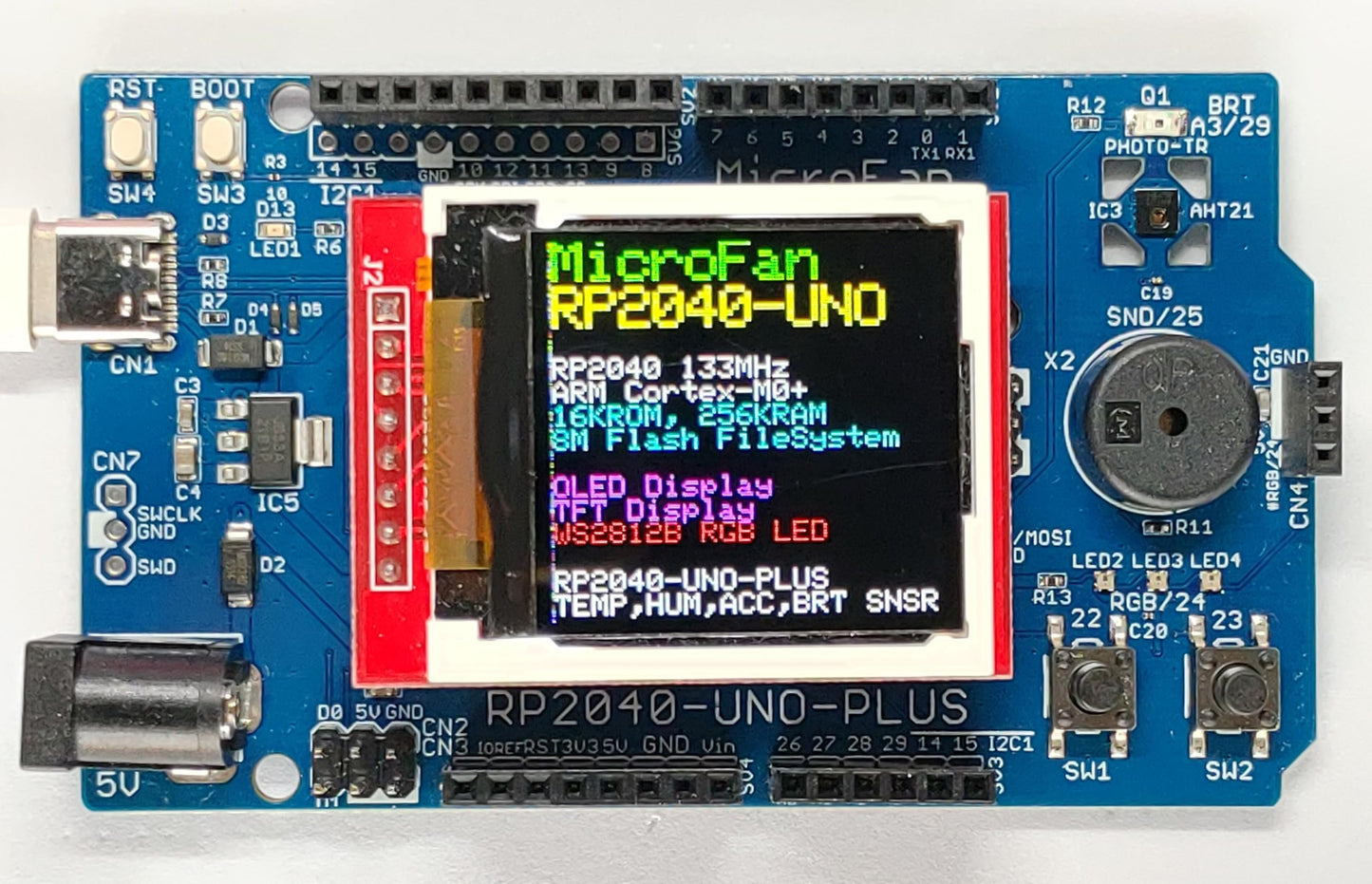 RP2040-UNO-PLUS (RP2040, Dual ARM Cortex-M0+ 8MB Flash) +基本入出力+センサー 開発ボード USB Type-C コネクタ