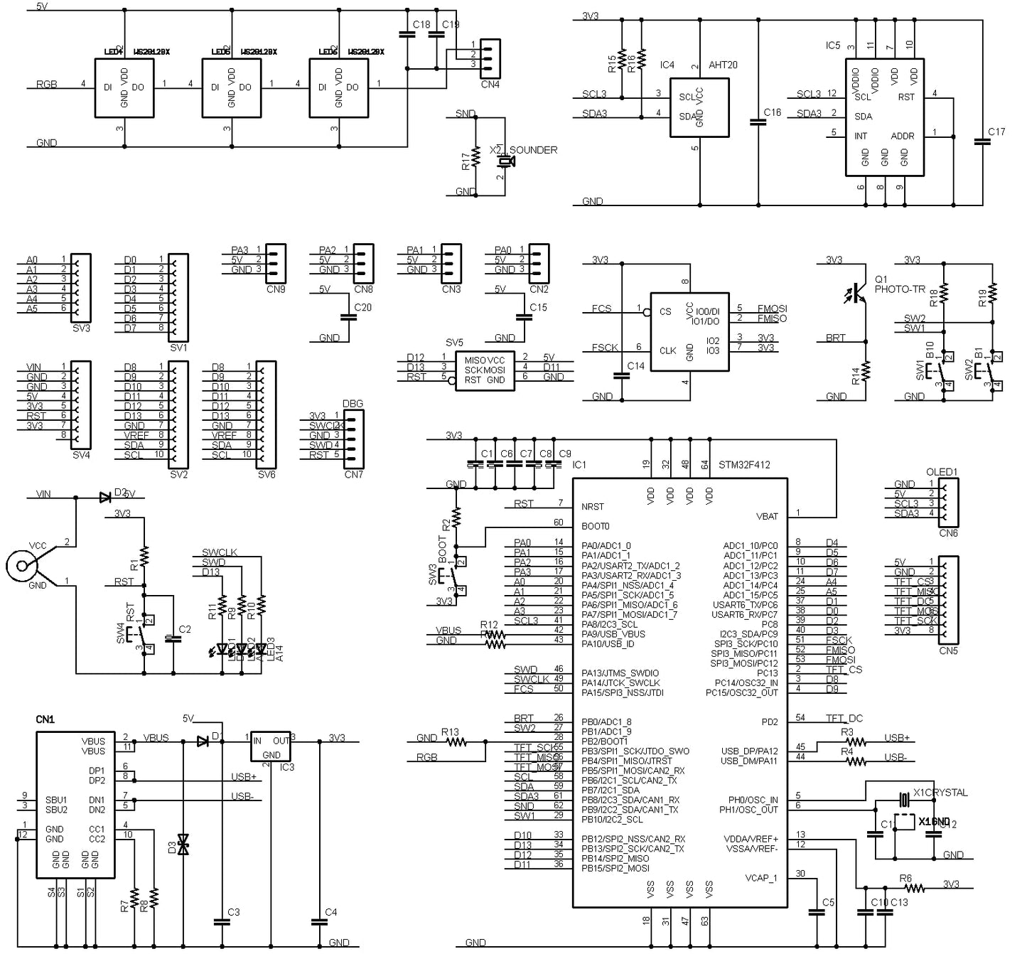 STM32F412-UNO-PLUS (STM32F412RE, ARM Cortex-M4, 100MHz, 512KFlash, 256KRAM)+ 8MB Flash+基本入出力+センサー 開発ボード