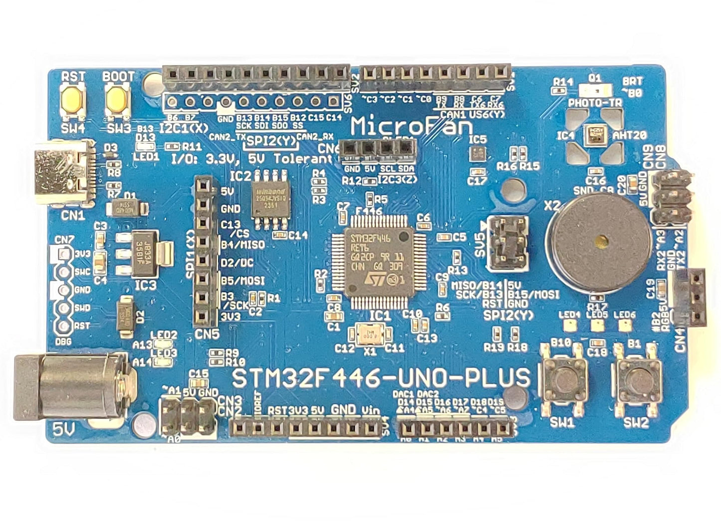 STM32F446-UNO-PLUS (STM32F446RE, ARM Cortex-M4, 180MHz, 512KFlash, 128KRAM)+ 8MB Flash+基本入出力+センサー 開発ボード