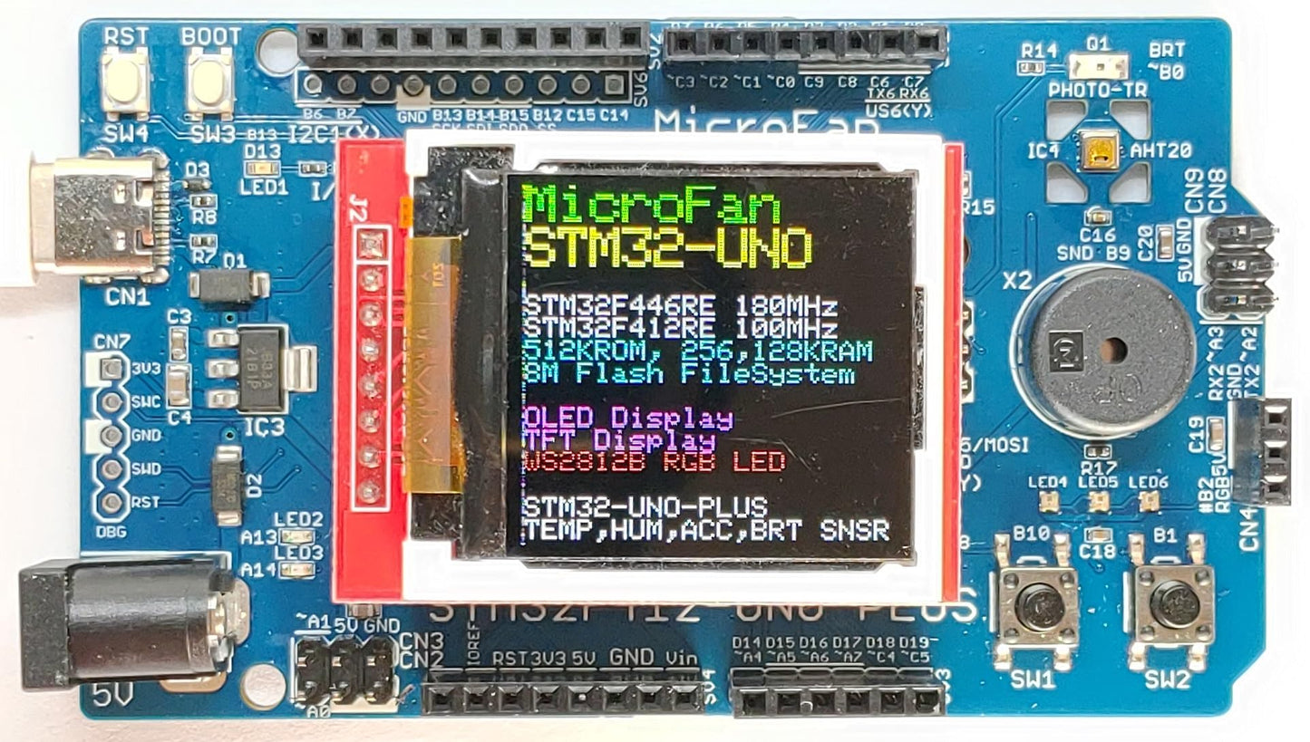 STM32F412-UNO-PLUS (STM32F412RE, ARM Cortex-M4, 100MHz, 512KFlash, 256KRAM)+ 8MB Flash+基本入出力+センサー 開発ボード