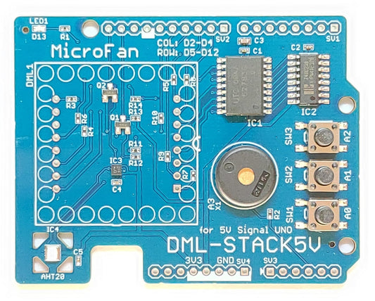 DML-STACK5V (8x8 ドットマトリックスLED、加速度、温度・湿度センサー、圧電スピーカー、タクトスイッチ搭載)シールドキット
