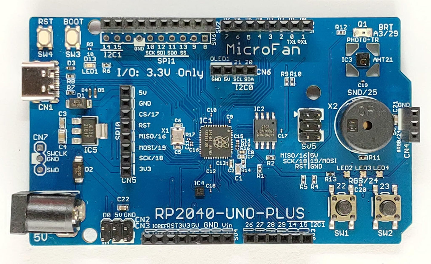RP2040-UNO-PLUS (RP2040, Dual ARM Cortex-M0+ 8MB Flash) +基本入出力+センサー 開発ボード USB Type-C コネクタ