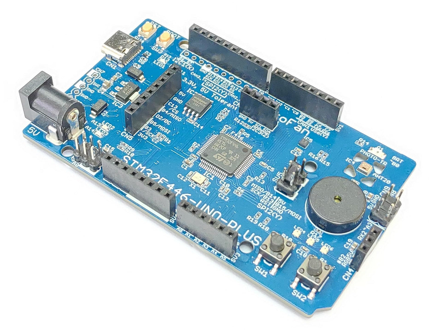 STM32F446-UNO-PLUS (STM32F446RE, ARM Cortex-M4, 180MHz, 512KFlash, 128KRAM)+ 8MB Flash+基本入出力+センサー 開発ボード