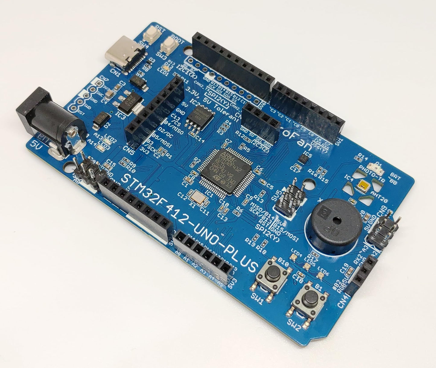 STM32F412-UNO-PLUS (STM32F412RE, ARM Cortex-M4, 100MHz, 512KFlash, 256KRAM)+ 8MB Flash+基本入出力+センサー 開発ボード