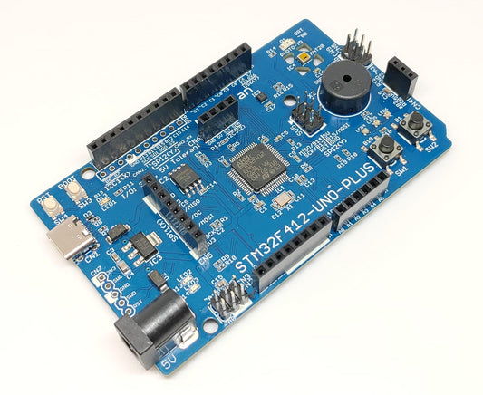 STM32F412-UNO-PLUS (STM32F412RE, ARM Cortex-M4, 100MHz, 512KFlash, 256KRAM)+ 8MB Flash+基本入出力+センサー 開発ボード