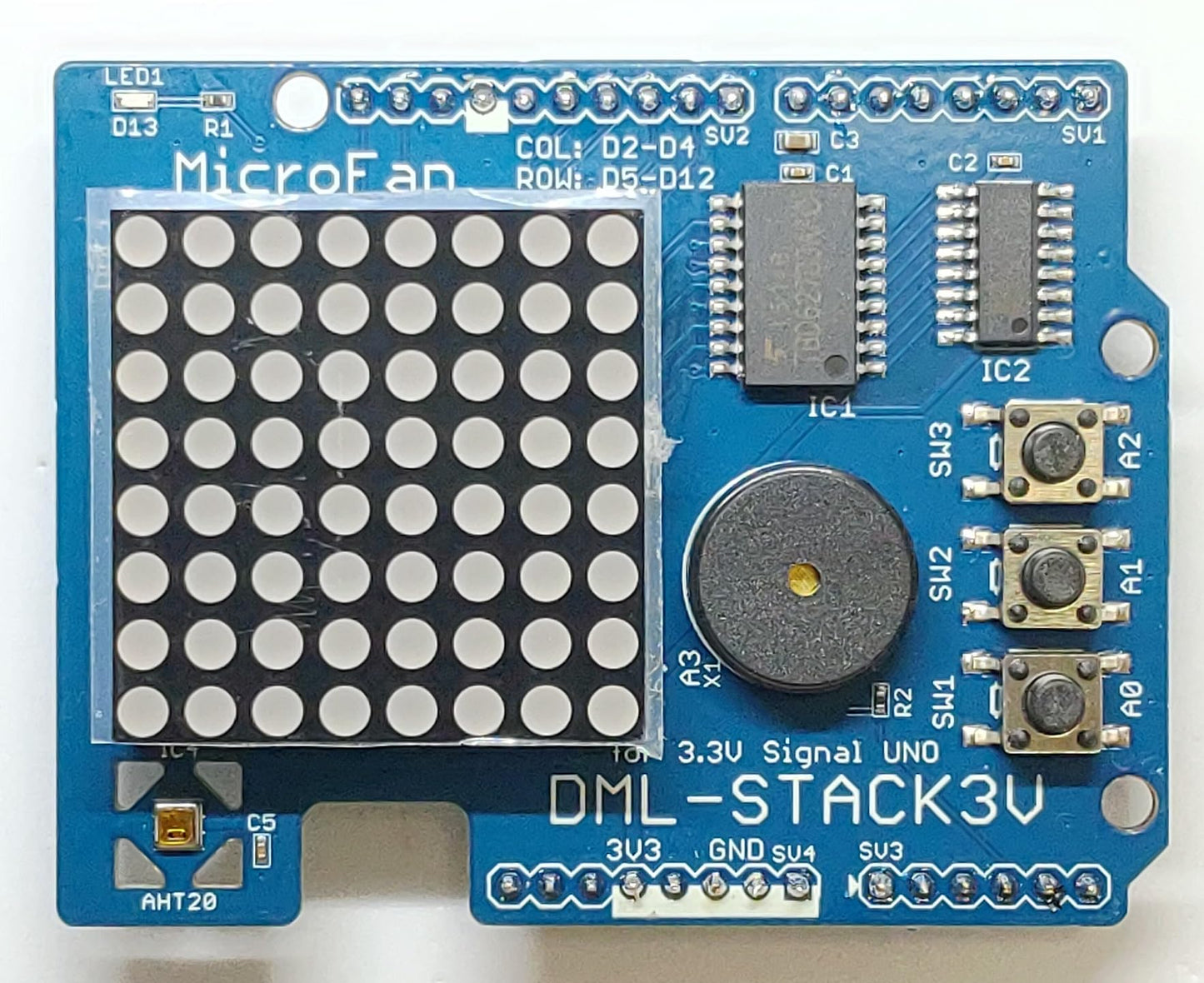 DML-STACK3V (8x8 ドットマトリックスLED、加速度、温度・湿度センサー、圧電スピーカー、タクトスイッチ搭載)シールドキット
