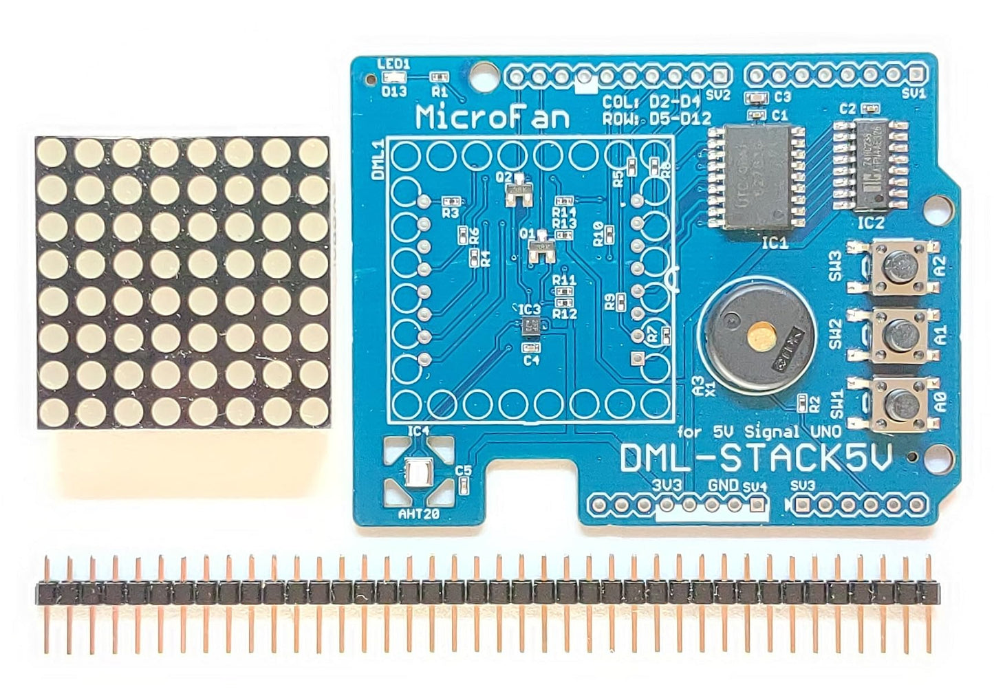 DML-STACK5V (8x8 ドットマトリックスLED、加速度、温度・湿度センサー、圧電スピーカー、タクトスイッチ搭載)シールドキット