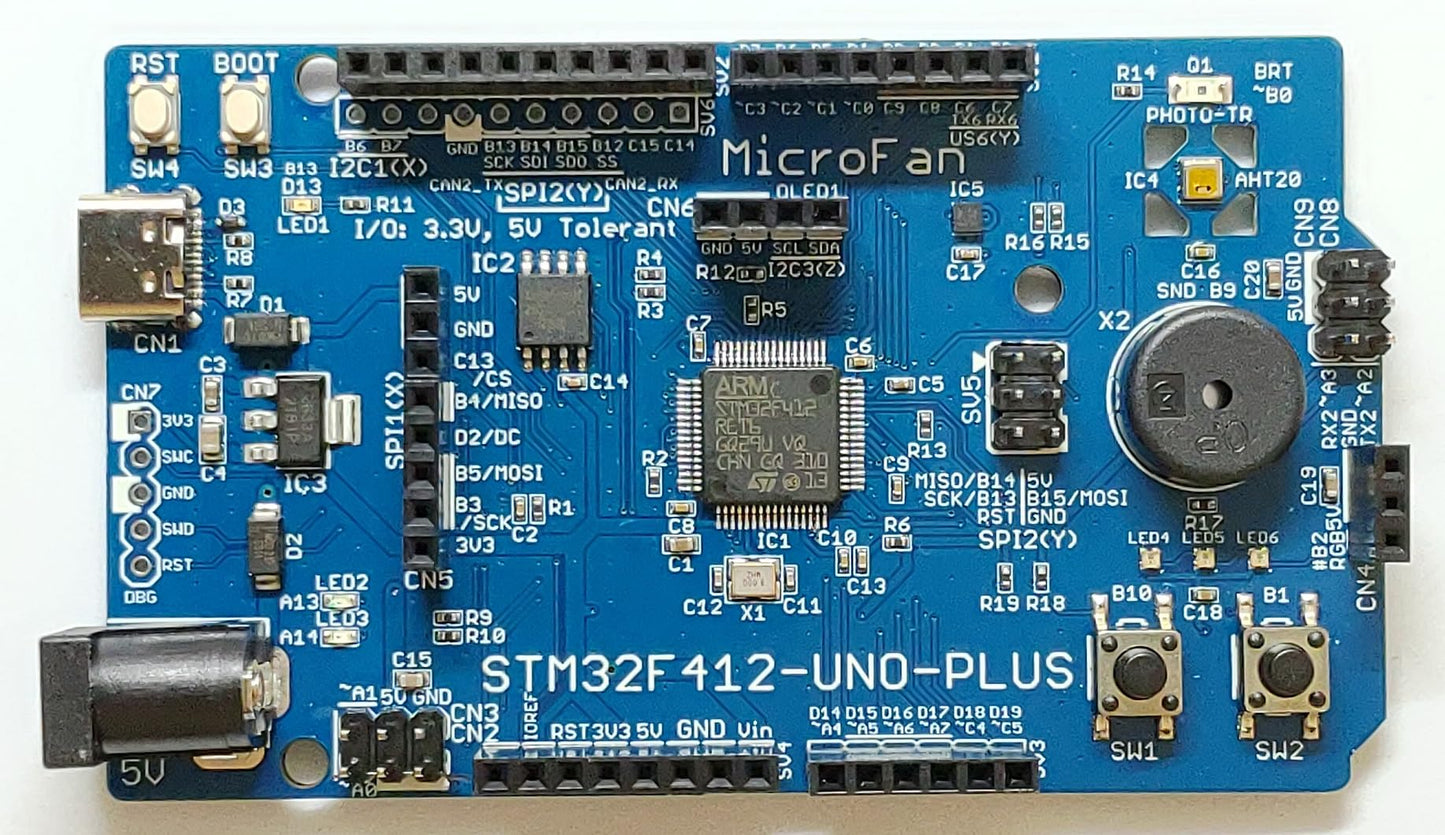 STM32F412-UNO-PLUS (STM32F412RE, ARM Cortex-M4, 100MHz, 512KFlash, 256KRAM)+ 8MB Flash+基本入出力+センサー 開発ボード