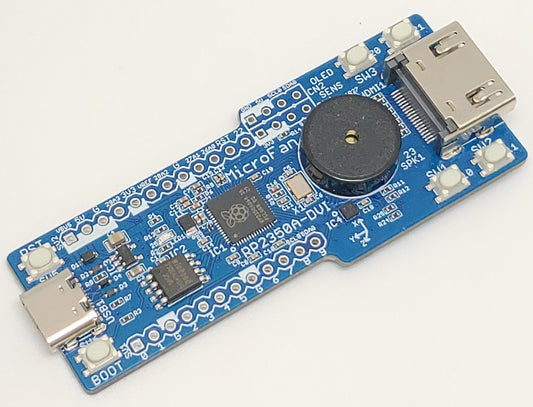 RP2350A-DVI (8MB Flash、DVI出力、タクトスイッチ x4、圧電スピーカー、加速度センサー)