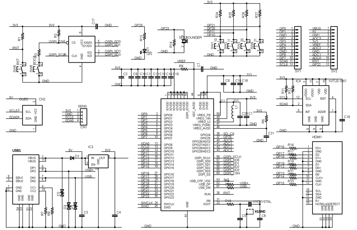 RP2350A-DVI (8MB Flash、DVI出力、タクトスイッチ x4、圧電スピーカー、加速度センサー)