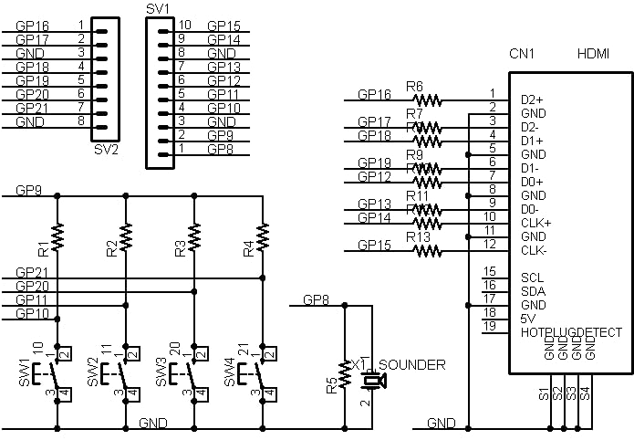PICO-HDMI-PLUS (PicoDVI対応: Raspberry Pi PICO/PICO W/PICO 2用HDMIコネクタ基板) タクトスイッチx4、圧電スピーカー搭載