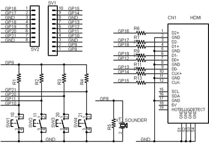 PICO-HDMI-PLUS (PicoDVI対応: Raspberry Pi PICO/PICO W/PICO 2用HDMIコネクタ基板) タクトスイッチx4、圧電スピーカー搭載