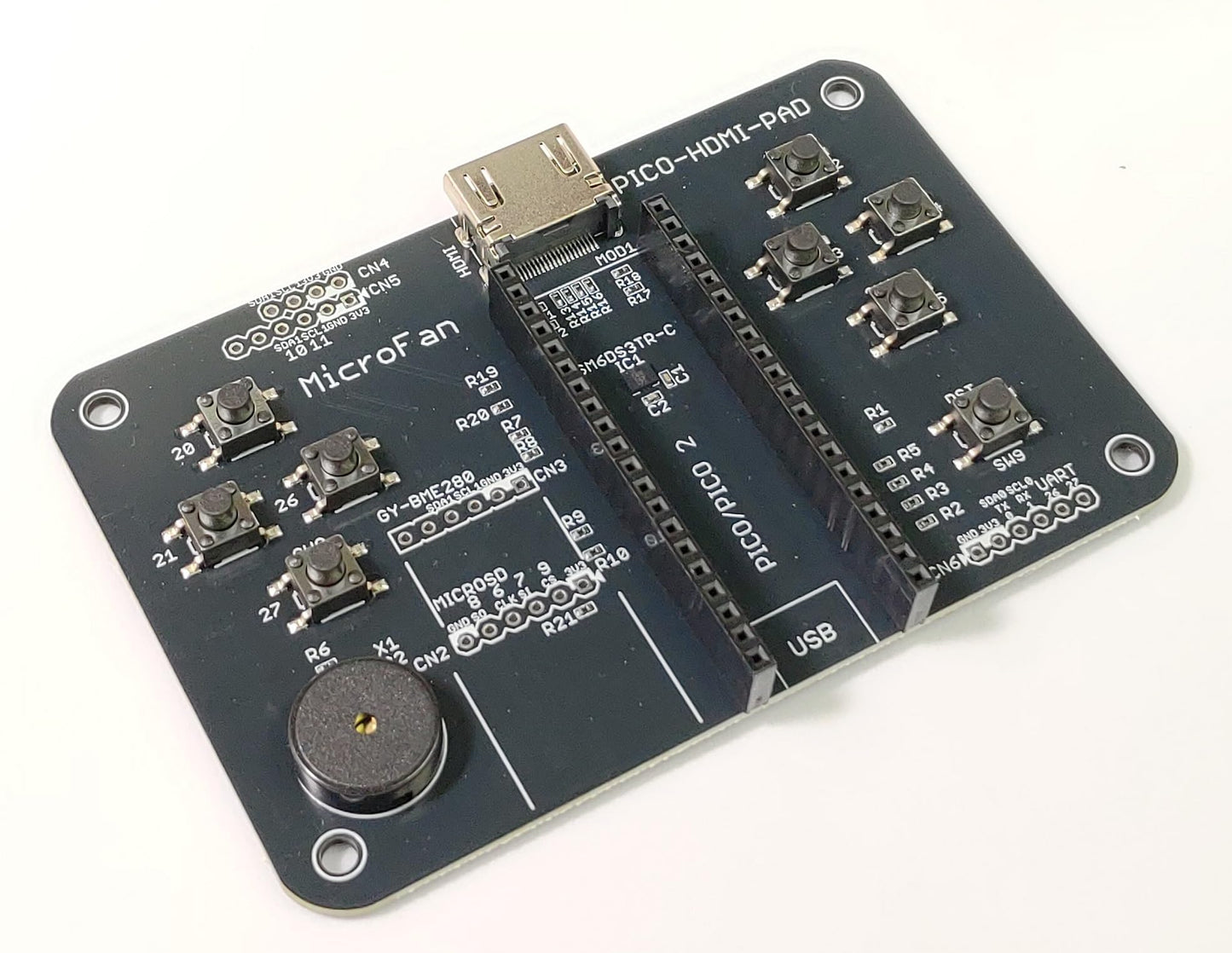 PICO-HDMI-PAD (PicoDVI対応: Raspberry Pi PICO/PICO W/PICO 2用HDMIコネクタ基板) 加速度センサー・ジャイロセンサー、タクトスイッチx8、圧電スピーカー搭載