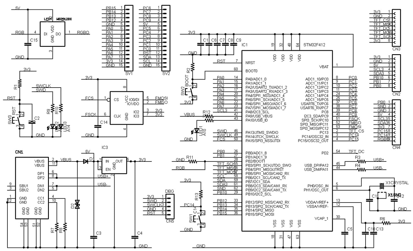 STM32F412-SLIM (STM32F412RE, ARM Cortex-M4, 100MHz, 512KFlash, 256KRAM)+8MFLASH開発ボード Type-C USBコネクタ