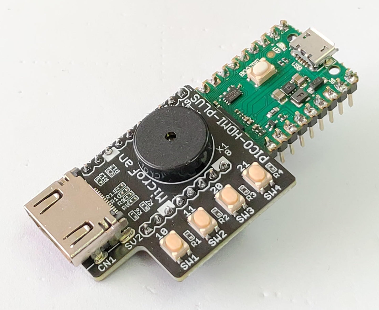 PICO-HDMI-PLUS (PicoDVI対応: Raspberry Pi PICO/PICO W/PICO 2用HDMIコネクタ基板) タクトスイッチx4、圧電スピーカー搭載