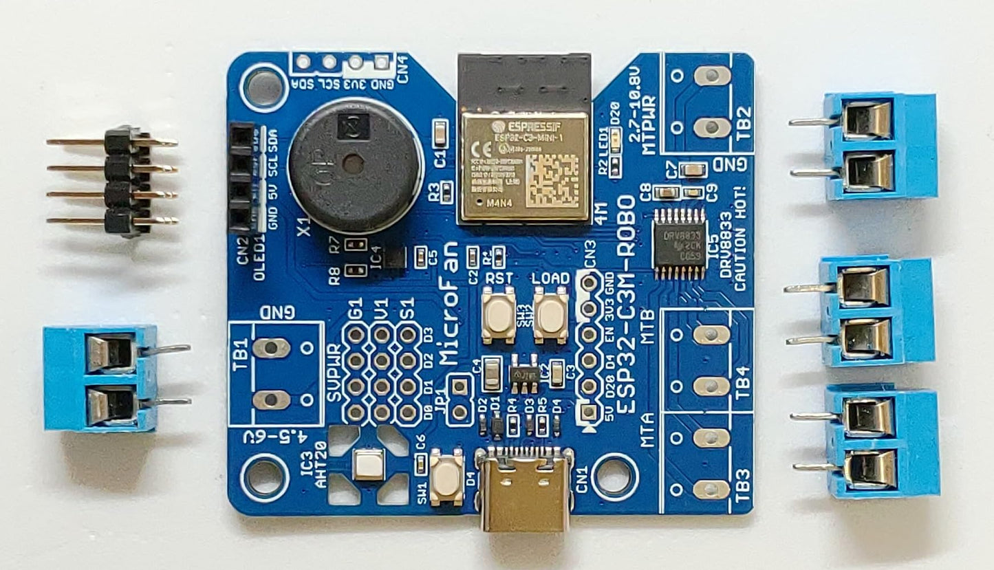ESP32-C3M-ROBO (ESP32-C3-MINI-1) +センサー/RCサーボ/DCモーター コントローラ USB Type-C コネクタ 技適取得済