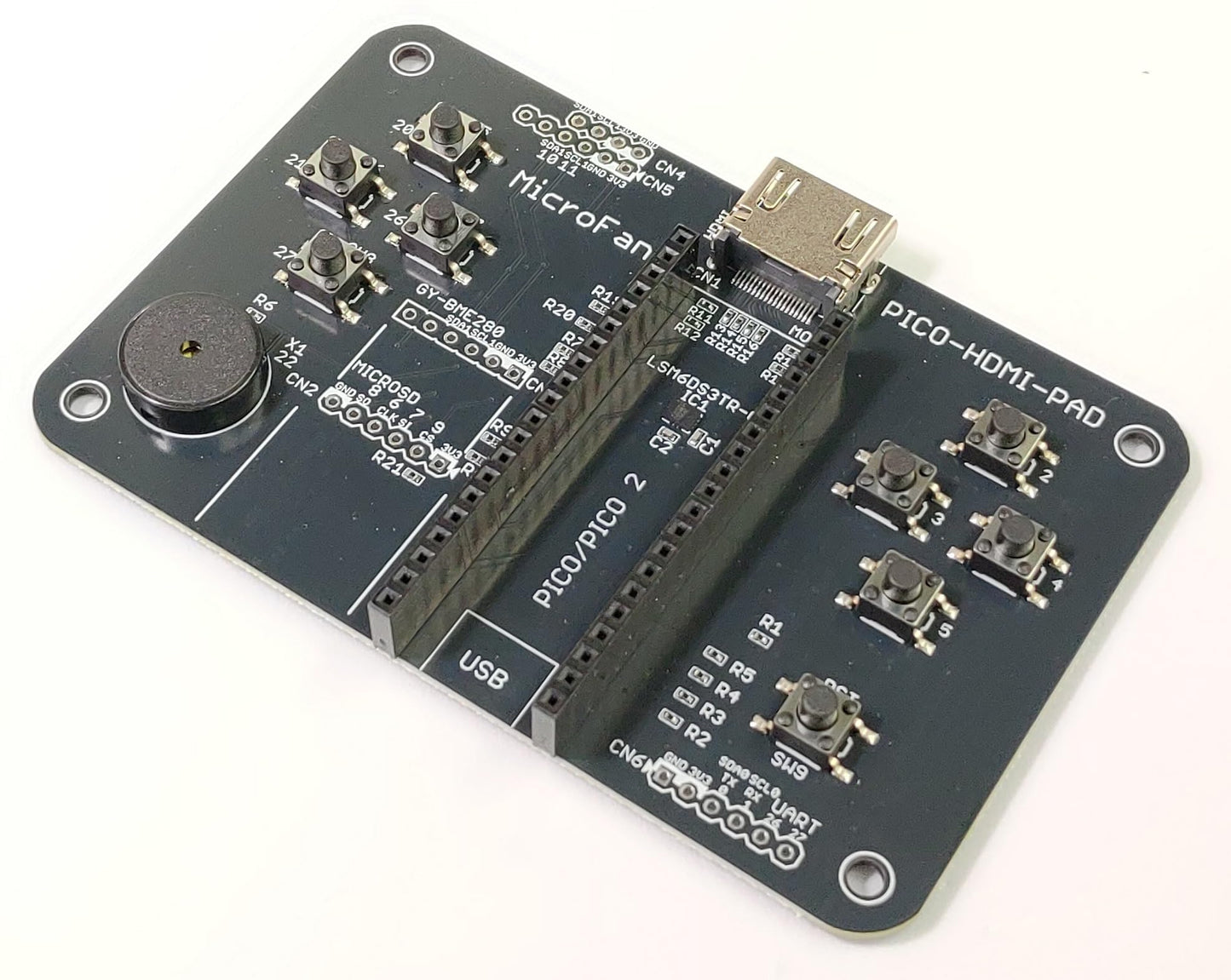 PICO-HDMI-PAD (PicoDVI対応: Raspberry Pi PICO/PICO W/PICO 2用HDMIコネクタ基板) 加速度センサー・ジャイロセンサー、タクトスイッチx8、圧電スピーカー搭載