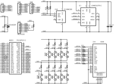 PICO-HDMI-PAD (PicoDVI対応: Raspberry Pi PICO/PICO W/PICO 2用HDMIコネクタ基板) 加速度センサー・ジャイロセンサー、タクトスイッチx8、圧電スピーカー搭載