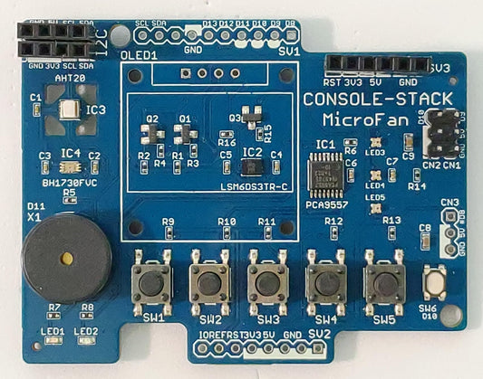 CONSOLE-STACK （OLEDディスプレイ、加速度、温度・湿度、照度センサー、カラーLEDx3、LEDx2、圧電スピーカー、タクトスイッチX6搭載）シールドキット