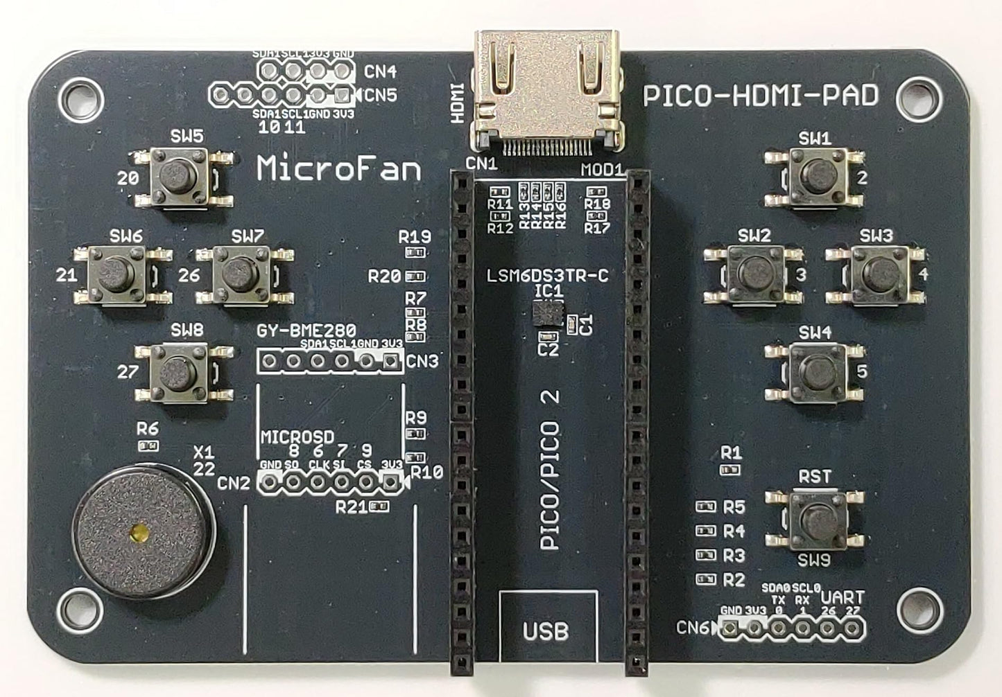 PICO-HDMI-PAD (PicoDVI対応: Raspberry Pi PICO/PICO W/PICO 2用HDMIコネクタ基板) 加速度センサー・ジャイロセンサー、タクトスイッチx8、圧電スピーカー搭載