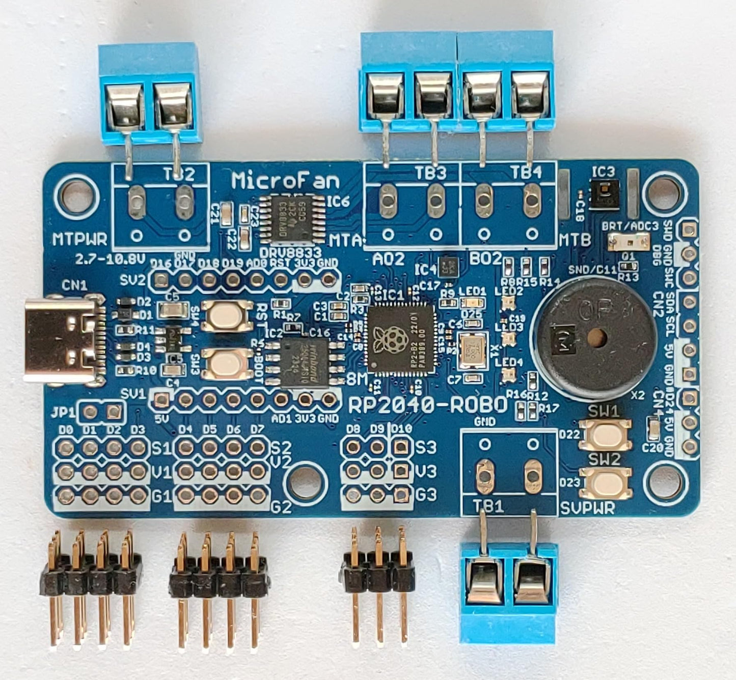 RP2040-ROBO (RP2040, Dual ARM Cortex-M0+ 8MB Flash) +センサー/RCサーボ/DCモーター コントローラ USB Type-C コネクタ