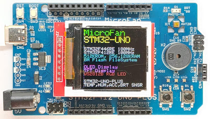 STM32F412-UNO-PLUS (STM32F412RE, ARM Cortex-M4, 100MHz, 512KFlash, 256KRAM)+ 8MB Flash+基本入出力+センサー 開発ボード