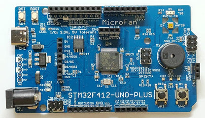 STM32F412-UNO-PLUS (STM32F412RE, ARM Cortex-M4, 100MHz, 512KFlash, 256KRAM)+ 8MB Flash+基本入出力+センサー 開発ボード