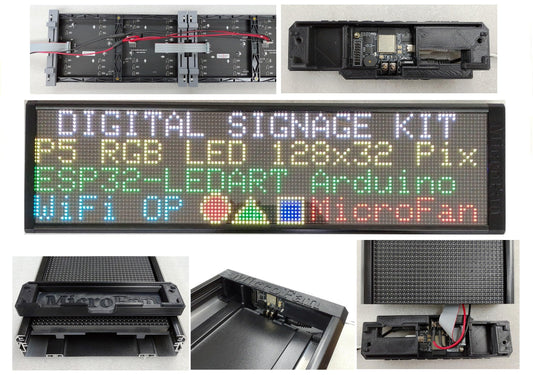 P5 ESP32 デジタルサイネージ コンストラクションキット (P5 64x32 LEDパネル２枚(128x32ピクセル), ESP32-LEDART コントローラ 技適取得済, LEDアルミレールケース セット)