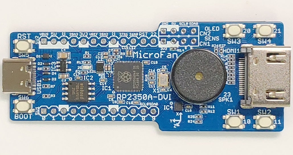 RP2350A-DVI (8MB Flash、DVI出力、タクトスイッチ x4、圧電スピーカー、加速度センサー)