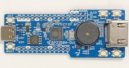 RP2350A-DVI (8MB Flash、DVI出力、タクトスイッチ x4、圧電スピーカー、加速度センサー)