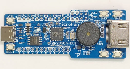RP2350A-DVI (8MB Flash、DVI出力、タクトスイッチ x4、圧電スピーカー、加速度センサー)