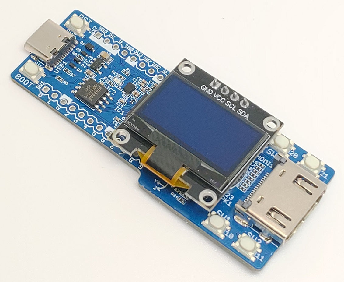 RP2350A-DVI (8MB Flash、DVI出力、タクトスイッチ x4、圧電スピーカー、加速度センサー)