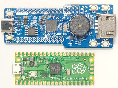 RP2350A-DVI (8MB Flash、DVI出力、タクトスイッチ x4、圧電スピーカー、加速度センサー)