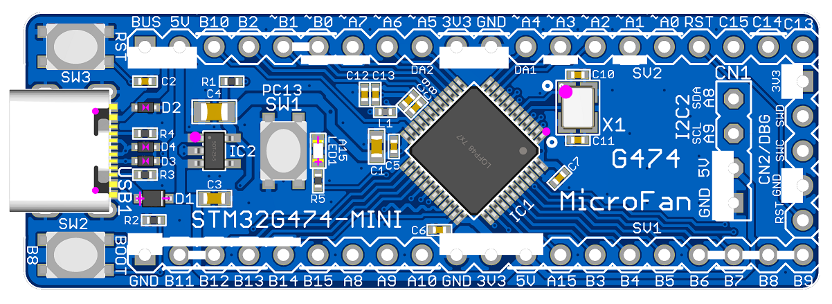 STM32G474-MINI ( STM32G474CBT6, ARM Cortex-M4, 170MHz, 128KFlash, 128KRAM) 開発ボード Type-C USBコネクタ