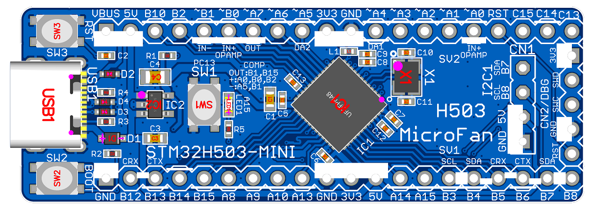 STM32H503-MINI ( STM32H503CBU6, ARM Cortex-M33, 250MHz, 128KFlash, 32KRAM) 開発ボード Type-C USBコネクタ