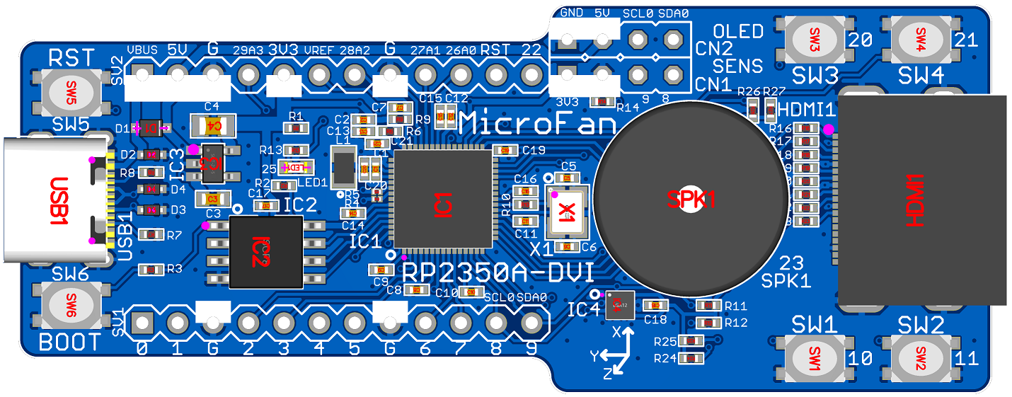 RP2350A-DVI (8MB Flash、DVI出力、タクトスイッチ x4、圧電スピーカー、加速度センサー)