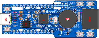RP2350A-DVI (8MB Flash、DVI出力、タクトスイッチ x4、圧電スピーカー、加速度センサー)